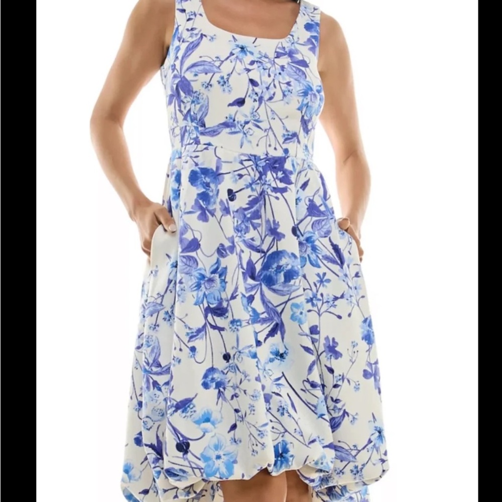 Nina Leonard Blue and White High-Low Bubble Hem Dress